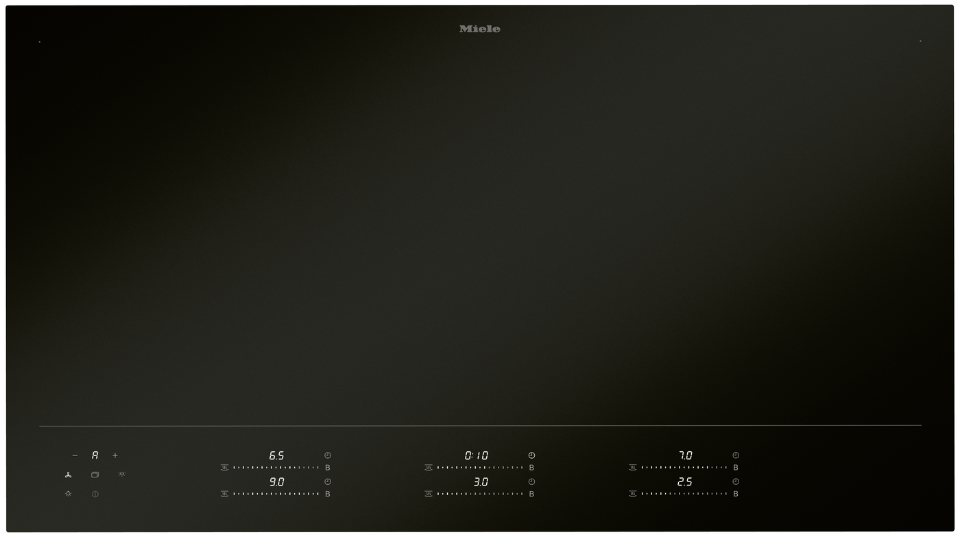 Miele glass-ceramic cooktop with touch controls along the bottom edge, dark surface and minimal branding at top center