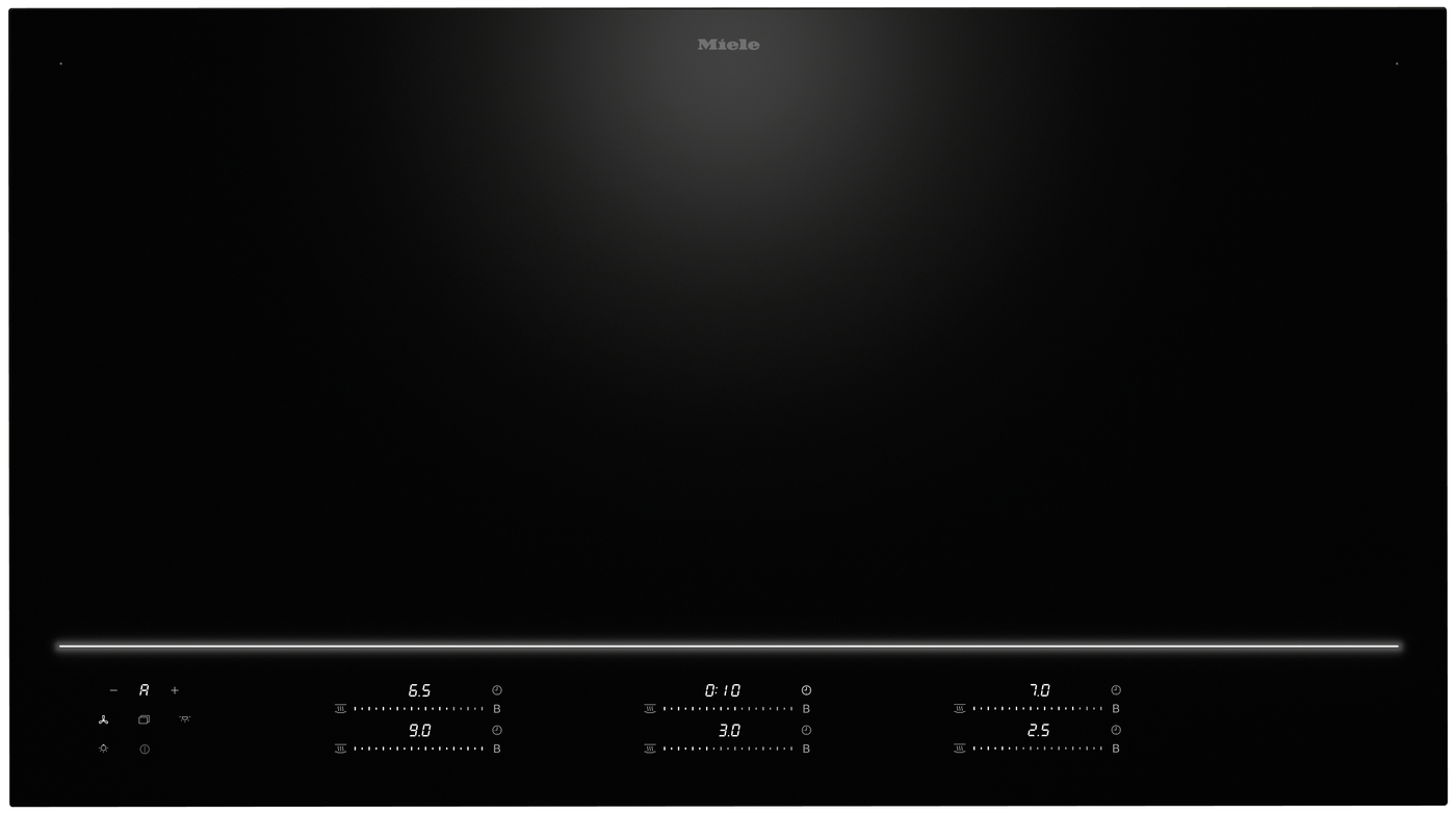 Miele black glass induction cooktop with a thin glowing control strip along the bottom edge.