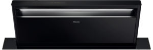 Black Miele built-in dishwasher with a sleek front panel and top controls on a slim base panel