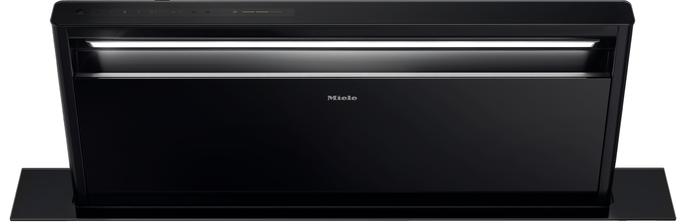Black Miele built-in dishwasher with a sleek front panel and top controls on a slim base panel