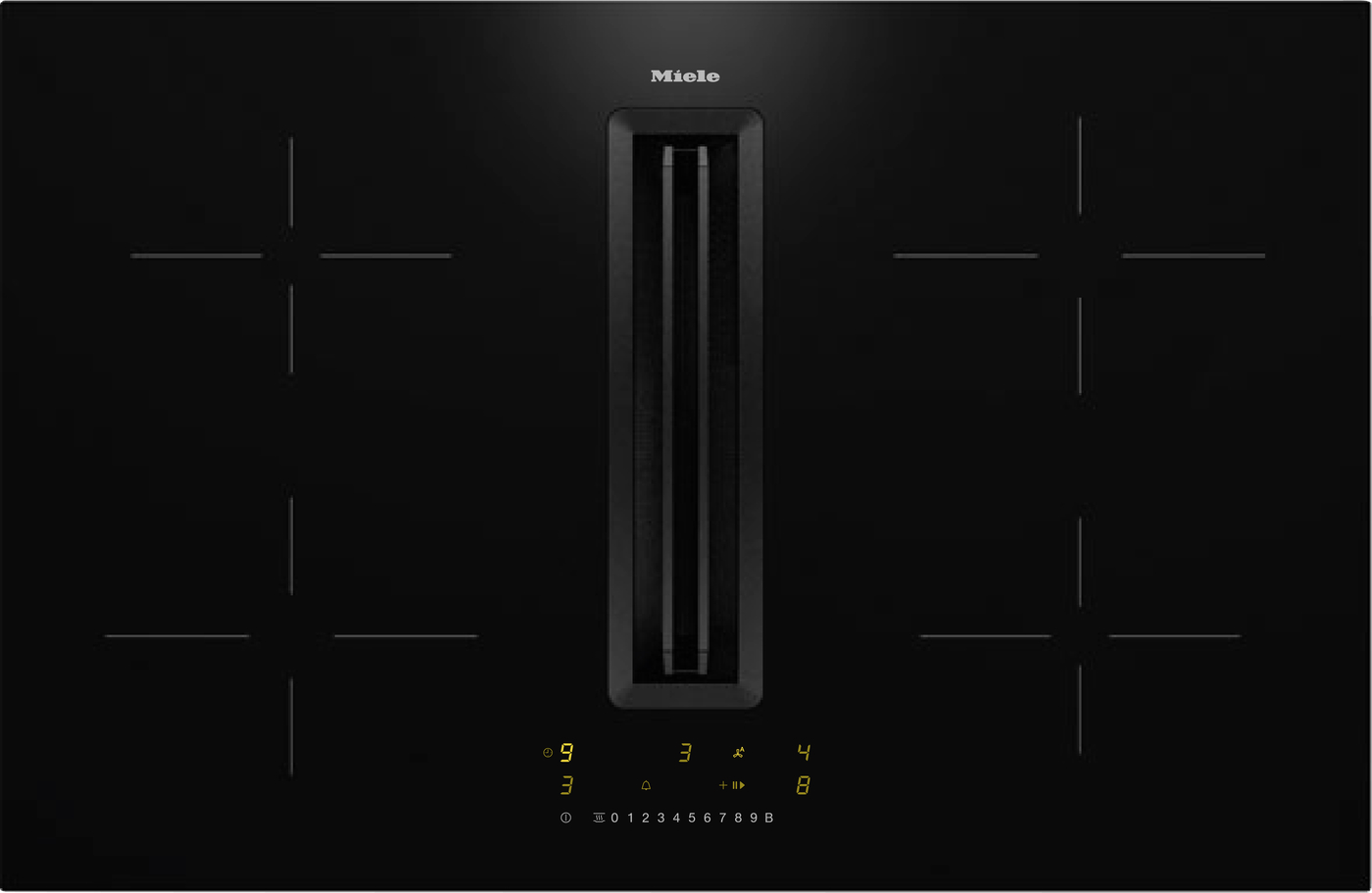 Miele black glass cooktop with a central vent and yellow digital control panel.
