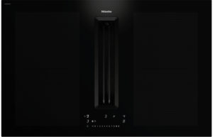 Miele induction cooktop with a central vertical burner and touch controls, flanked by two large black side panels in a dark minimalist design.