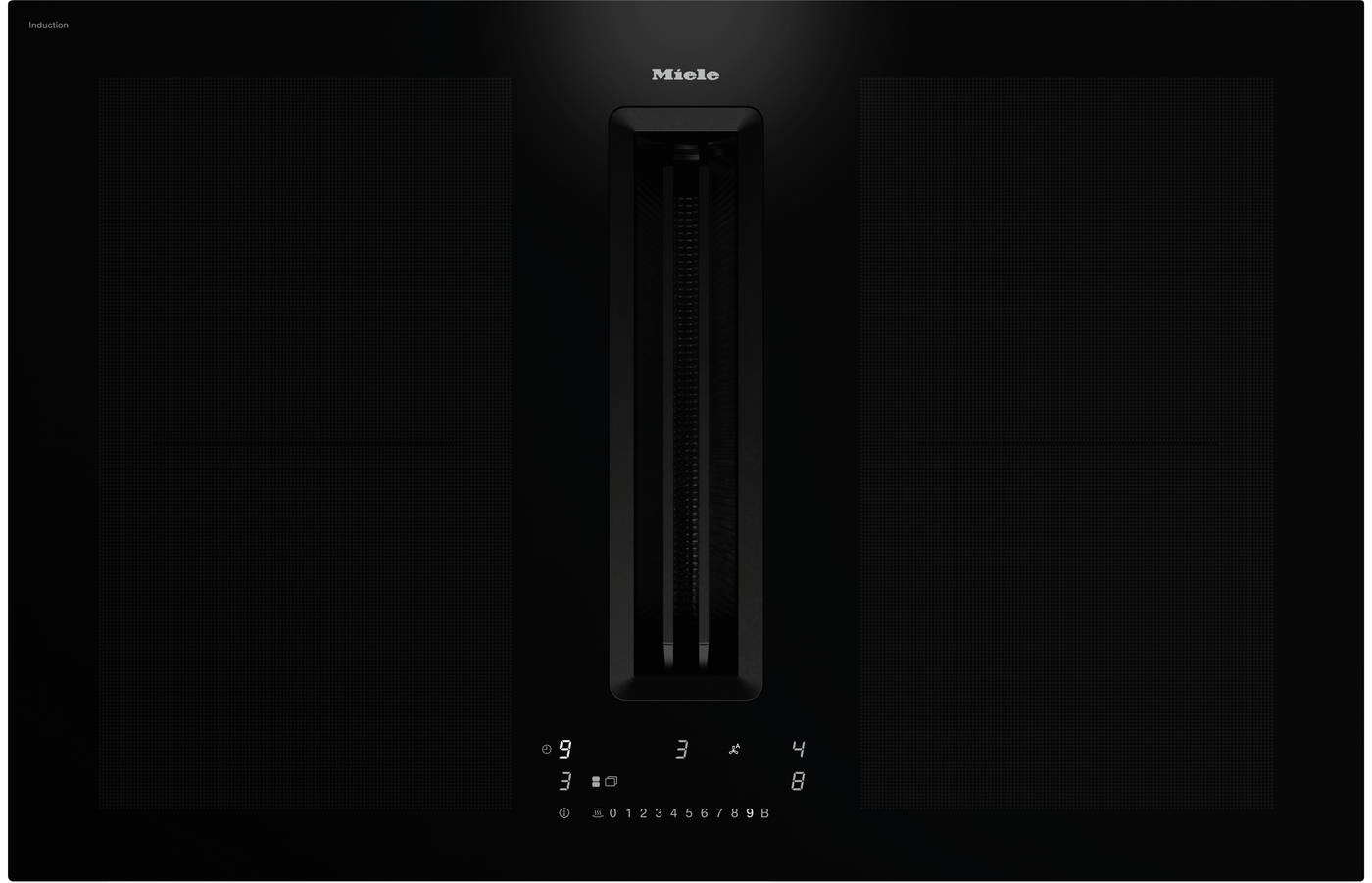Miele induction cooktop with a central vertical burner and touch controls, flanked by two large black side panels in a dark minimalist design.