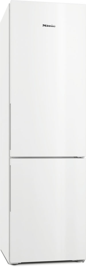 White freestanding two-door Miele refrigerator with top freezer, tall appliance with minimalist finish and brand logo on upper door
