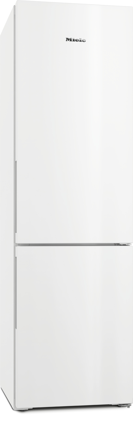 White freestanding two-door Miele refrigerator with top freezer, tall appliance with minimalist finish and brand logo on upper door