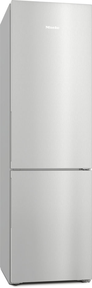 Stainless steel Miele refrigerator with a top fridge and bottom freezer door.