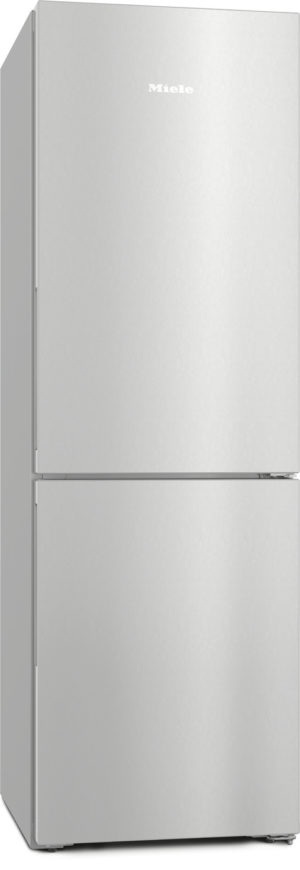 Tall two-door stainless steel Miele refrigerator with top freezer and bottom fridge section, freestanding in brushed metal finish.