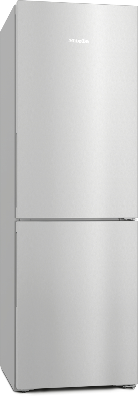 Tall two-door stainless steel Miele refrigerator with top freezer and bottom fridge section, freestanding in brushed metal finish.