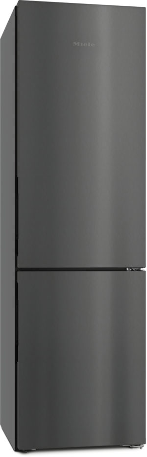Tall stainless steel Miele refrigerator with top fridge and bottom freezer