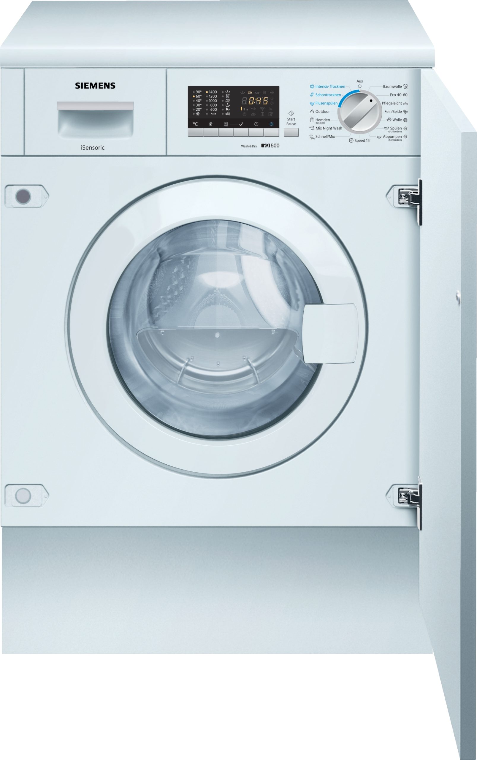 Front view of a Siemens front-loading washing machine with digital display and control dial on the top panel; door closed.