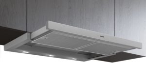 Wall-mounted stainless steel kitchen range hood with Siemens logo under a wooden cabinet. The hood includes built-in lights and a mesh filter for ventilation.