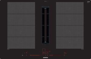 Top-down view of a Siemens induction cooktop with a central vertical oven/grill column and two wide grill panels on left and right, with red control icons along the bottom edge.