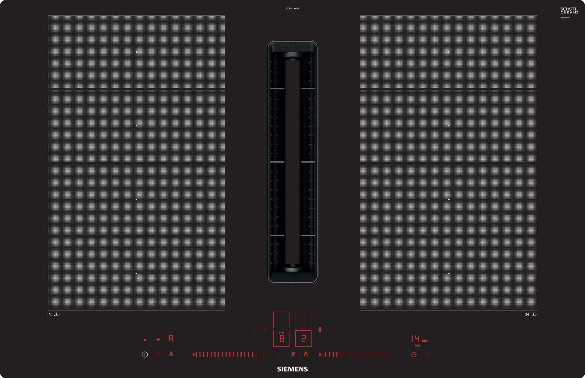 Top-down view of a Siemens induction cooktop with a central vertical oven/grill column and two wide grill panels on left and right, with red control icons along the bottom edge.
