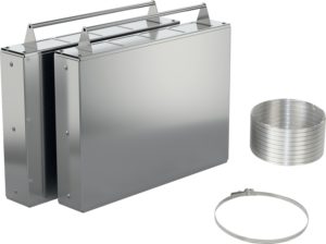 Stainless steel cabinet with two top rails and side panels, photographed with a coil of metal ducting nearby (industrial HVAC components).