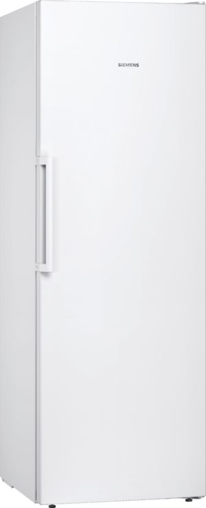 White Siemens tall refrigerator with a vertical left-side handle, standing upright in a minimalist kitchen context