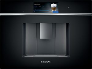 Siemens smart refrigerator with a dark finish and a touchscreen panel showing a latte macchiato progress screen.