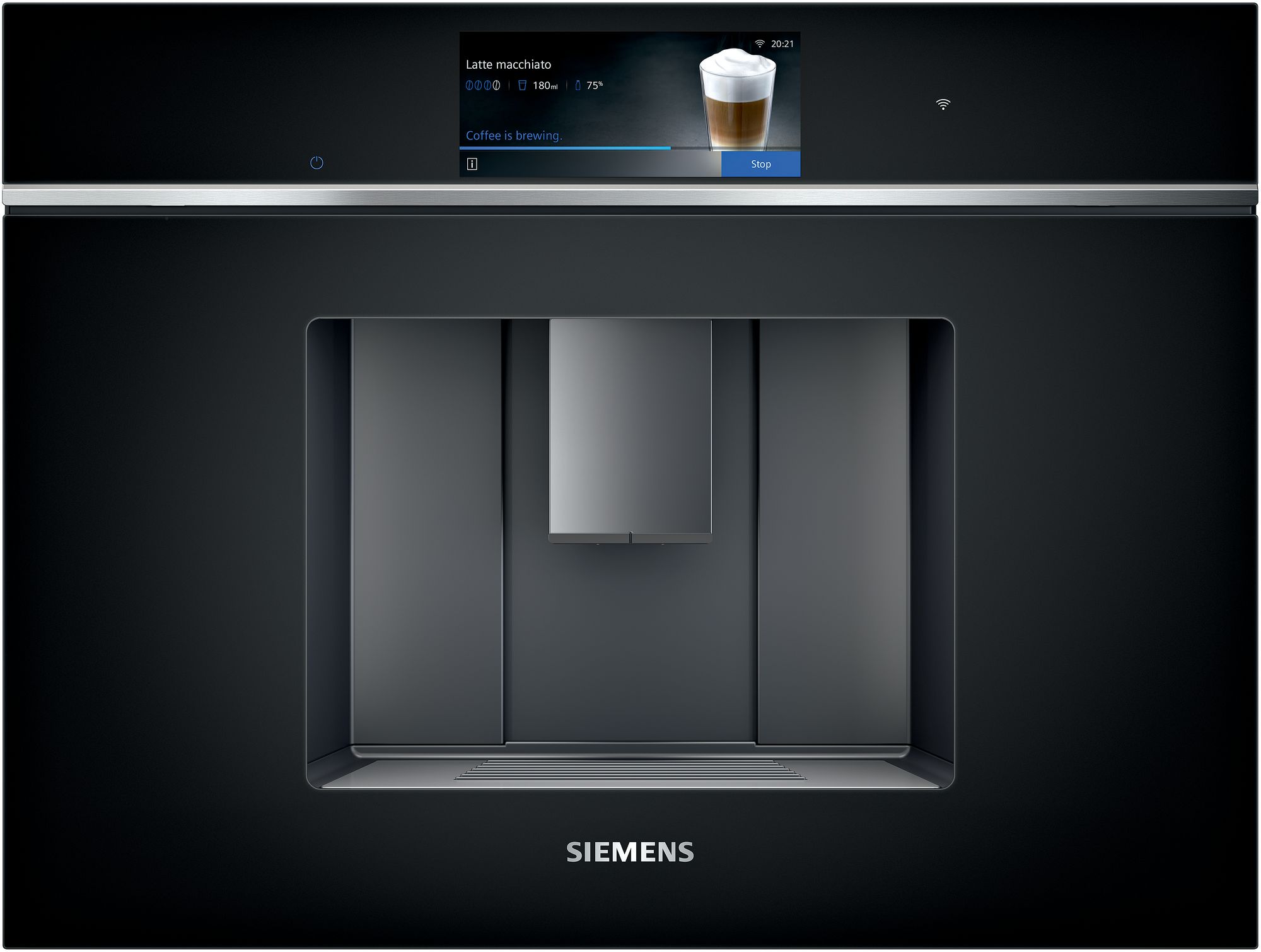 Siemens smart refrigerator with a dark finish and a touchscreen panel showing a latte macchiato progress screen.