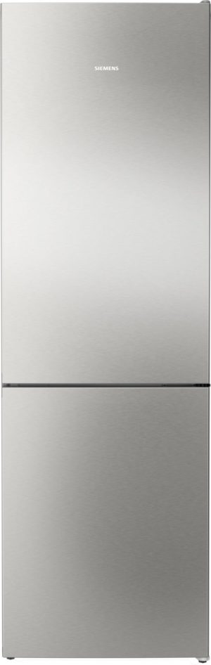 Tall stainless steel Siemens refrigerator with a top fridge and bottom freezer doors.