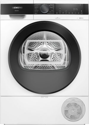 Front-loading washing machine with circular drum and control panel at top front, white appliance design