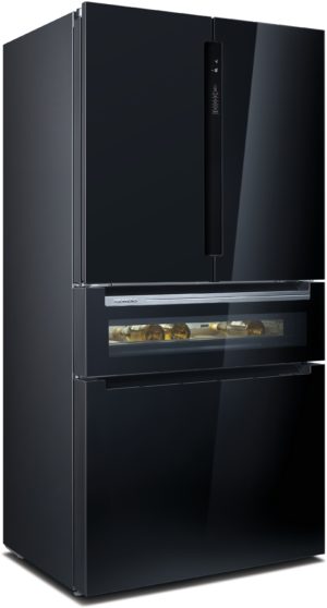 Black stainless steel Siemens refrigerator with two upper doors and a bottom freezer drawer; the glass-front drawer shows wine bottles inside.