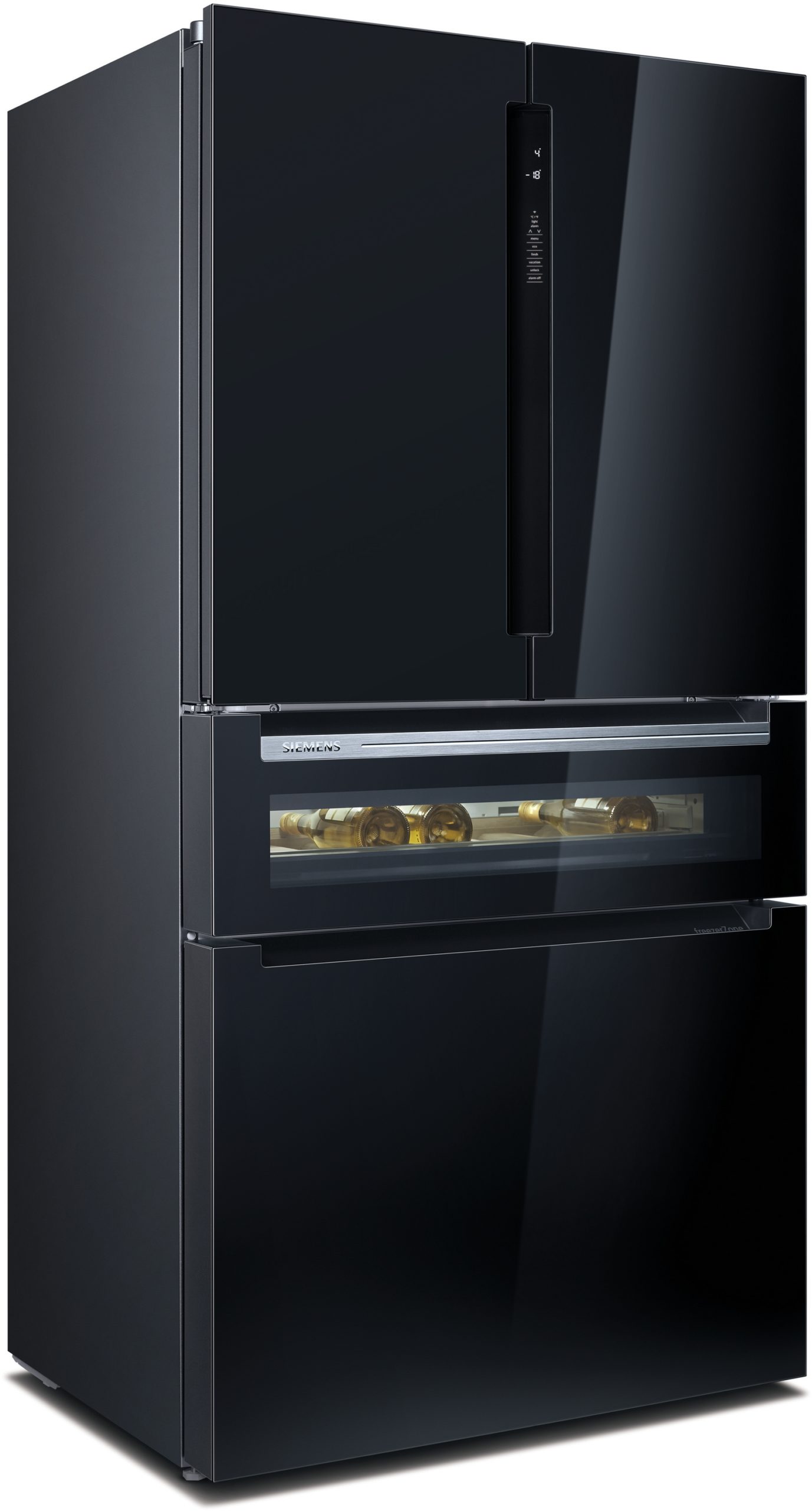 Black stainless steel Siemens refrigerator with two upper doors and a bottom freezer drawer; the glass-front drawer shows wine bottles inside.