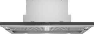 Stainless steel Siemens range hood with a black control panel and two vent grilles along the bottom edge, viewed from front.