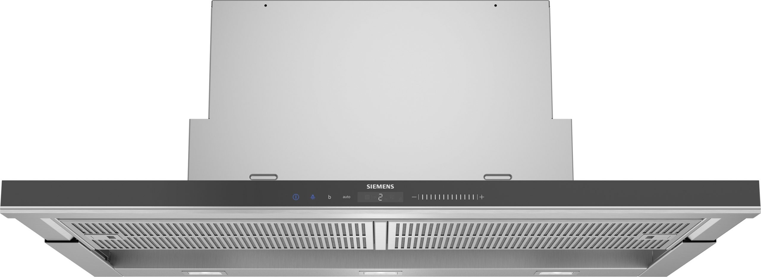 Stainless steel Siemens range hood with a black control panel and two vent grilles along the bottom edge, viewed from front.