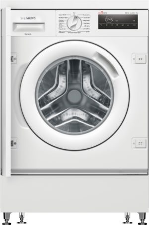 Front-loading Siemens washing machine with large circular door and top control panel on white appliance UI
