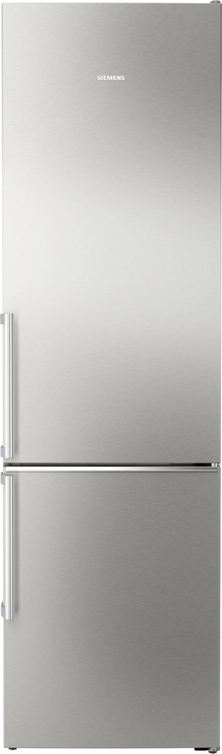 Stainless steel Siemens refrigerator with a top fridge door and a bottom freezer, vertical handles on the left.