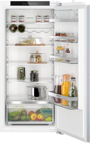 Open Siemens refrigerator interior with door shelves holding bottles and jars, a cheese tray on a middle shelf, and a bottom fruit/vegetable drawer generic overview.