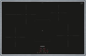 Black glass-ceramic induction cooktop with Siemens branding and bottom-center control panel, set in a stainless frame.