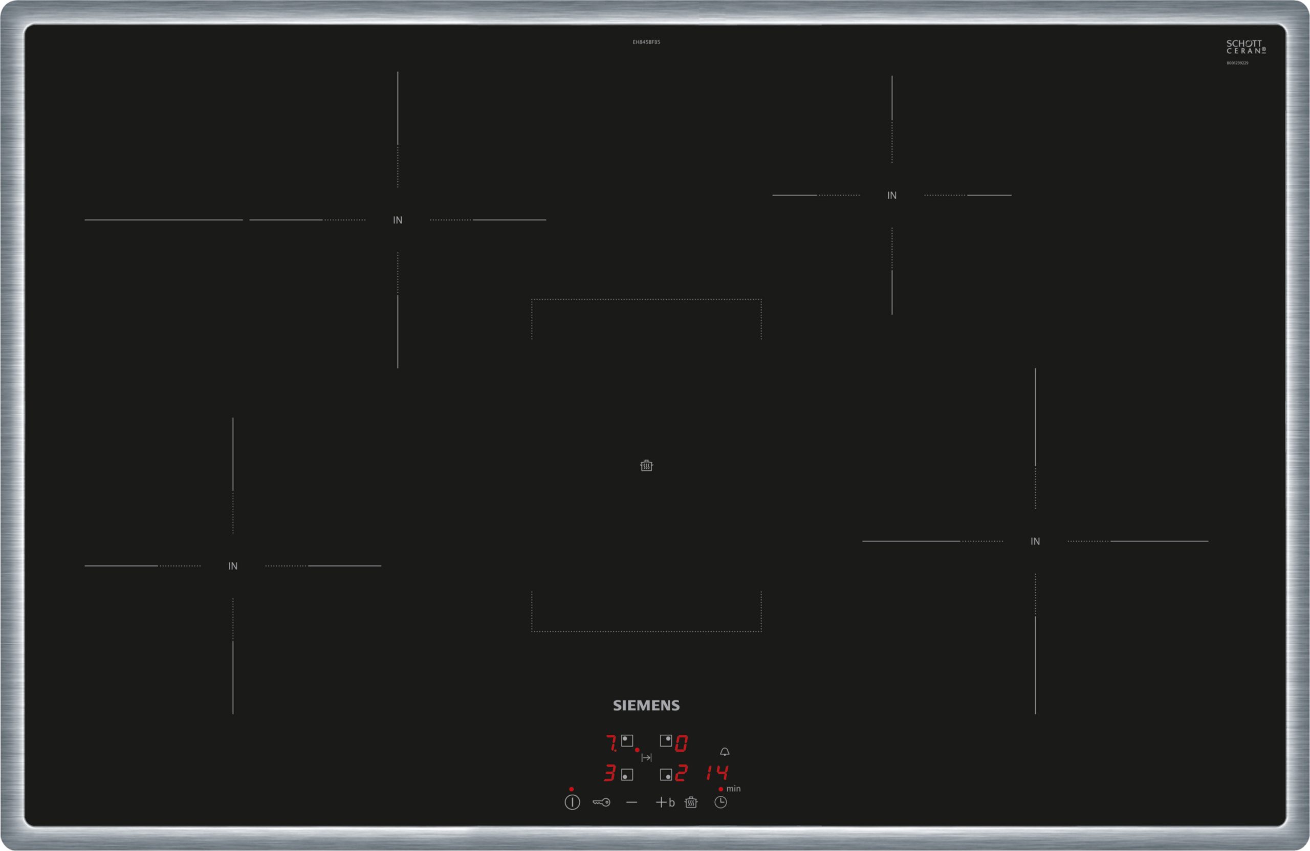 Black glass-ceramic induction cooktop with Siemens branding and bottom-center control panel, set in a stainless frame.