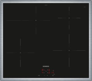 Black Siemens induction cooktop with a brushed metal frame and touch controls; digital timer shows 8:14 at the bottom center of the panel.