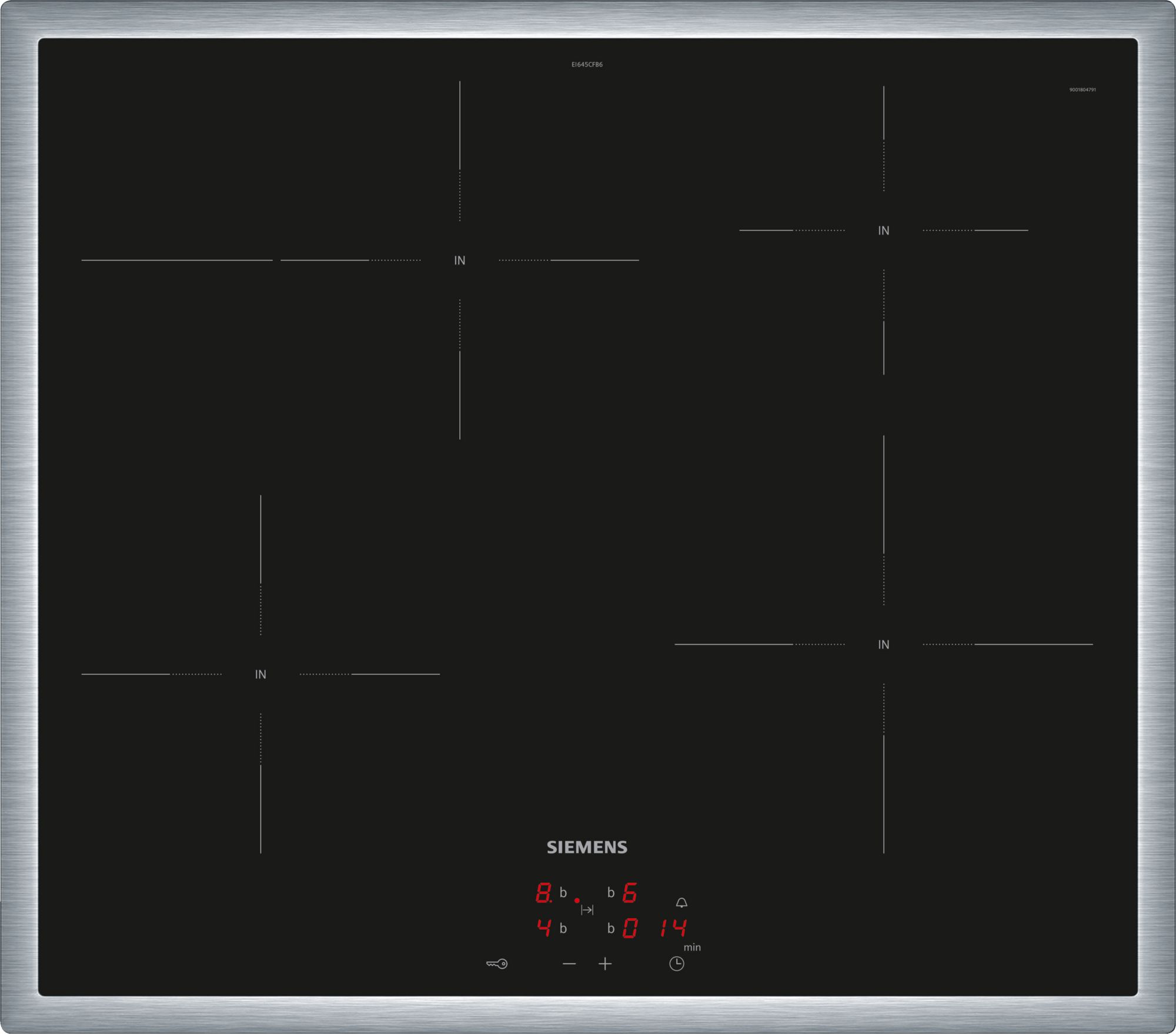 Black Siemens induction cooktop with a brushed metal frame and touch controls; digital timer shows 8:14 at the bottom center of the panel.