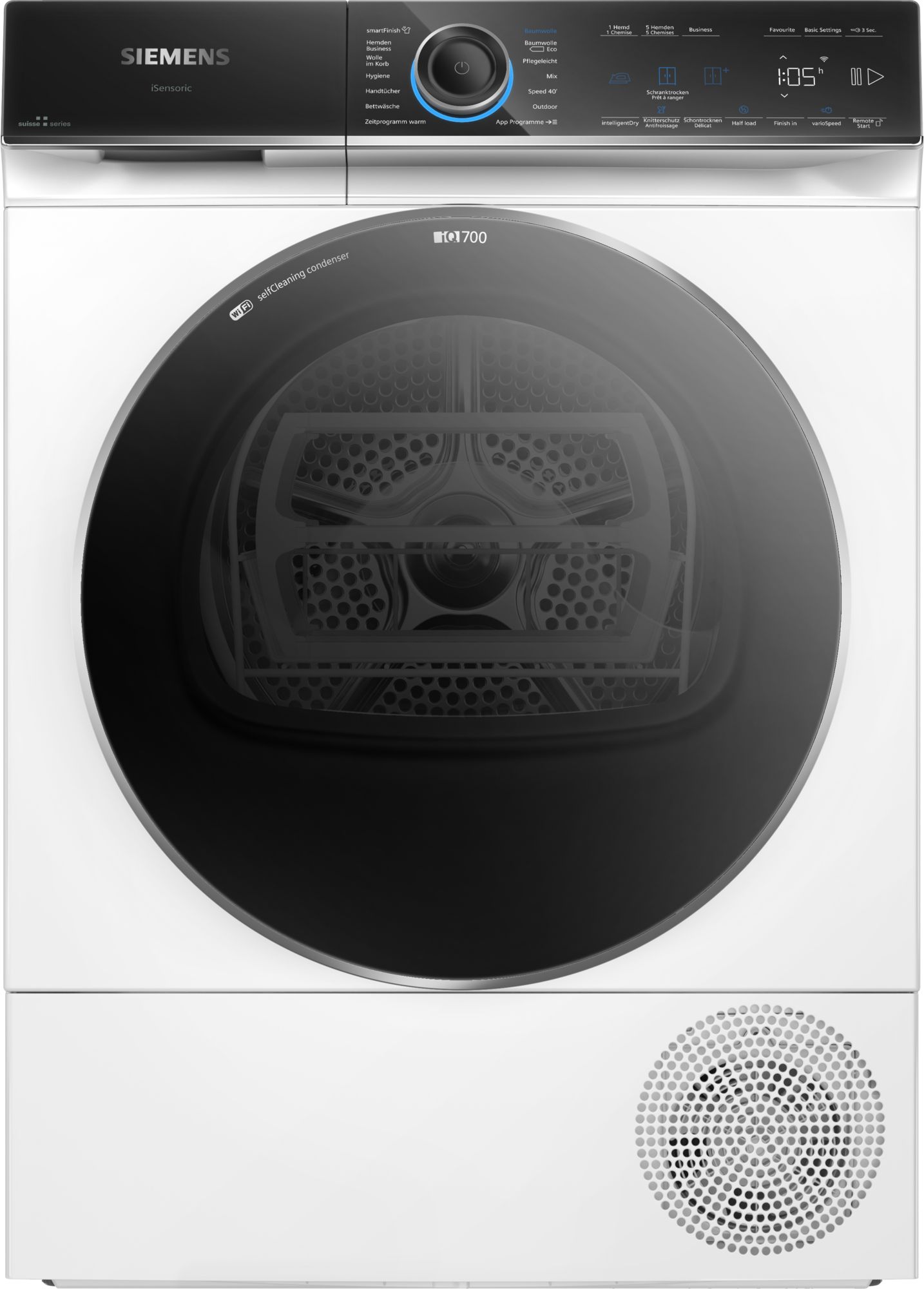 Front-loading washing machine with a large circular door and a high-tech control panel above the door crown area.