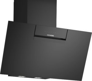 Black Siemens range hood with a slim control panel showing blue indicator lights on a matte surface to the right of the logo.