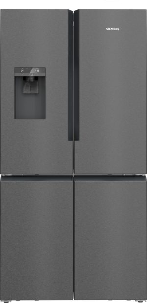 Siemens side-by-side refrigerator with water/ice dispenser on the left door and two bottom freezer drawers