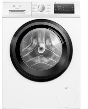Front view of a white front-loading washing machine with a large circular door and a control panel across the top.