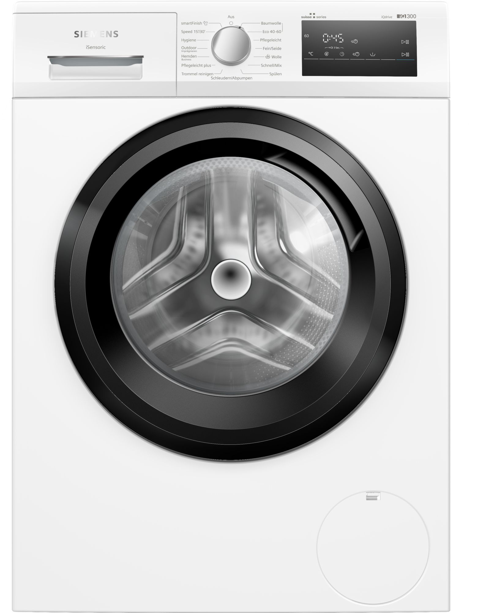 Front view of a white front-loading washing machine with a large circular door and a control panel across the top.
