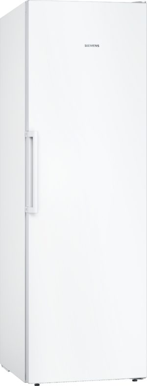 Tall white Siemens refrigerator with vertical left-hand door handle and minimalist design.