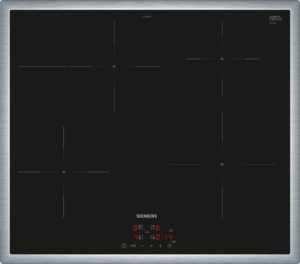 Siemens induction cooktop with black glass surface, brushed metal frame, and red digital display at the bottom center.