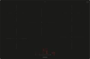 Black Siemens induction cooktop surface with subtle red digital controls and center display showing timer; sleek touch panel layout across the front edge.