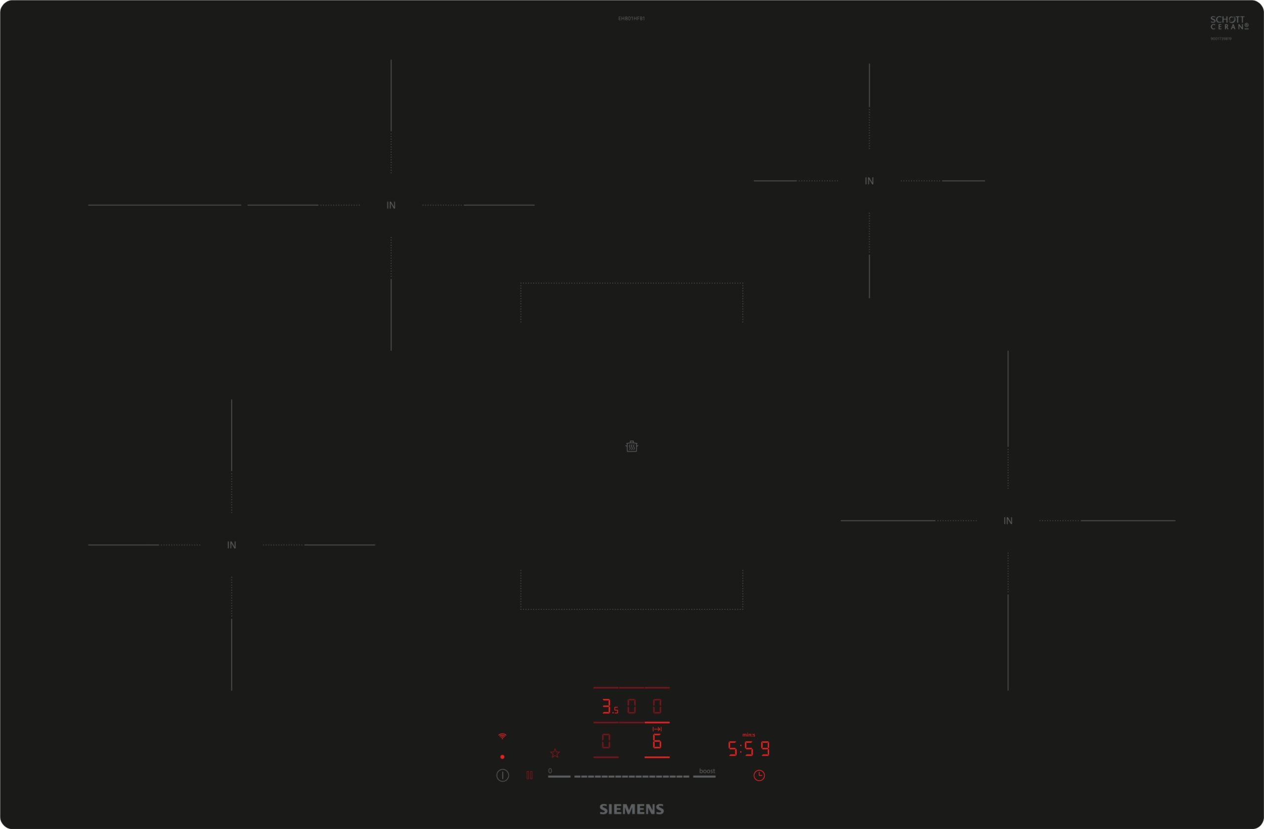 Siemens induction cooktop with red digital timer readout on a black glass surface.