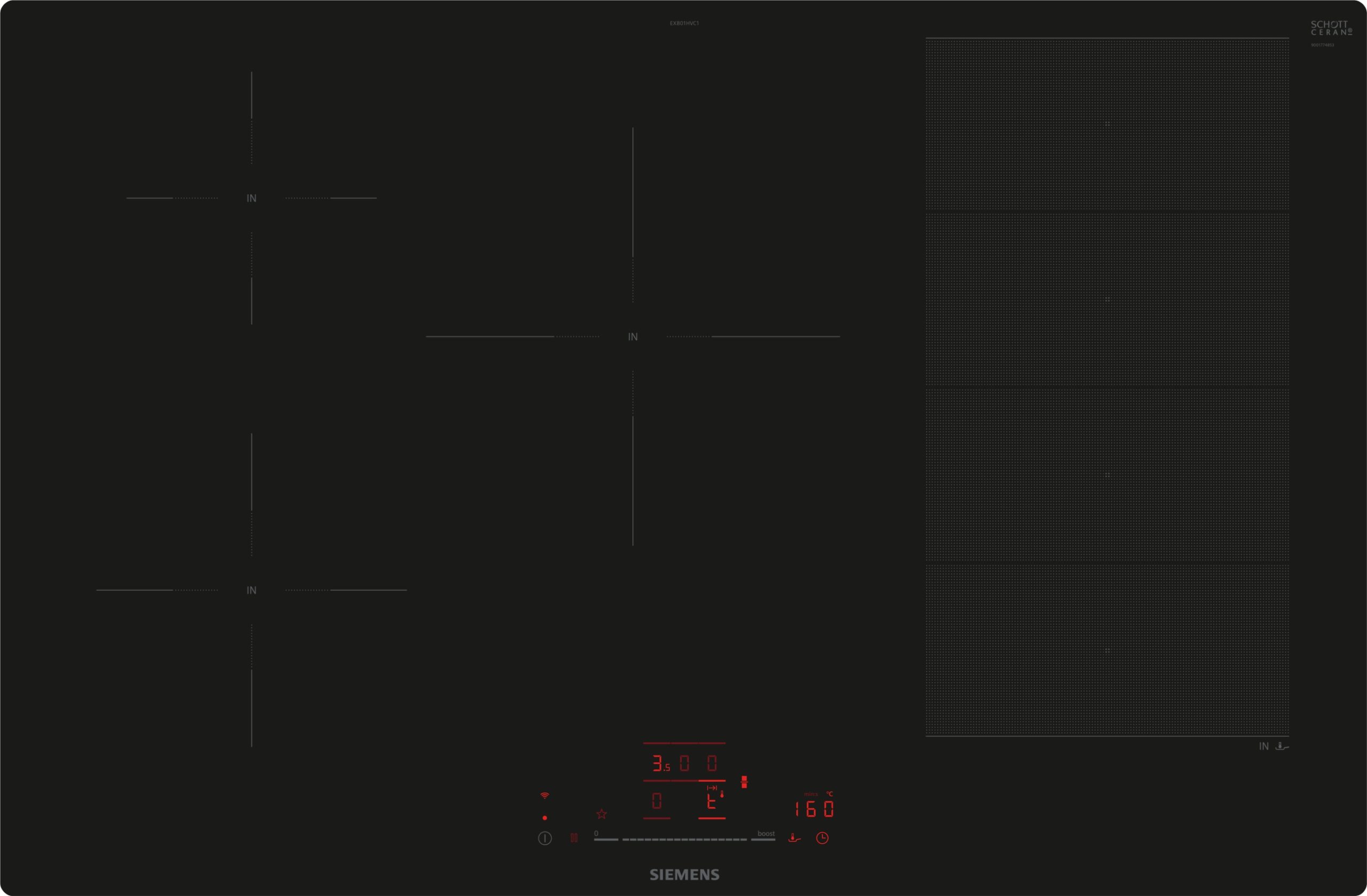 Induction cooktop with a red digital control panel at the bottom and Siemens branding, black glass surface with zone markers on the right.