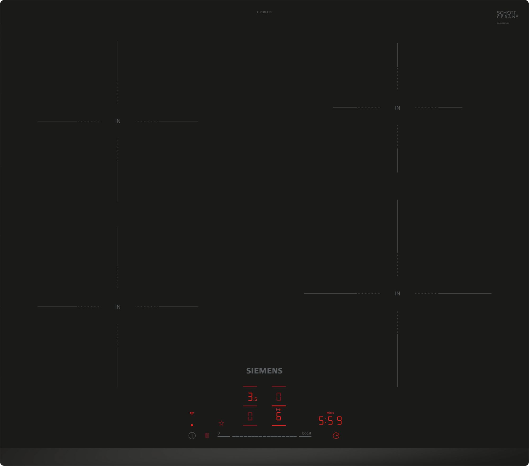 Black glass-ceramic induction cooktop with red LED timer readouts in the center.