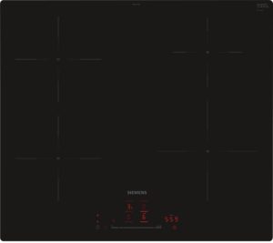 Black glass induction cooktop with a red digital control panel and Siemens branding along the bottom edge.
