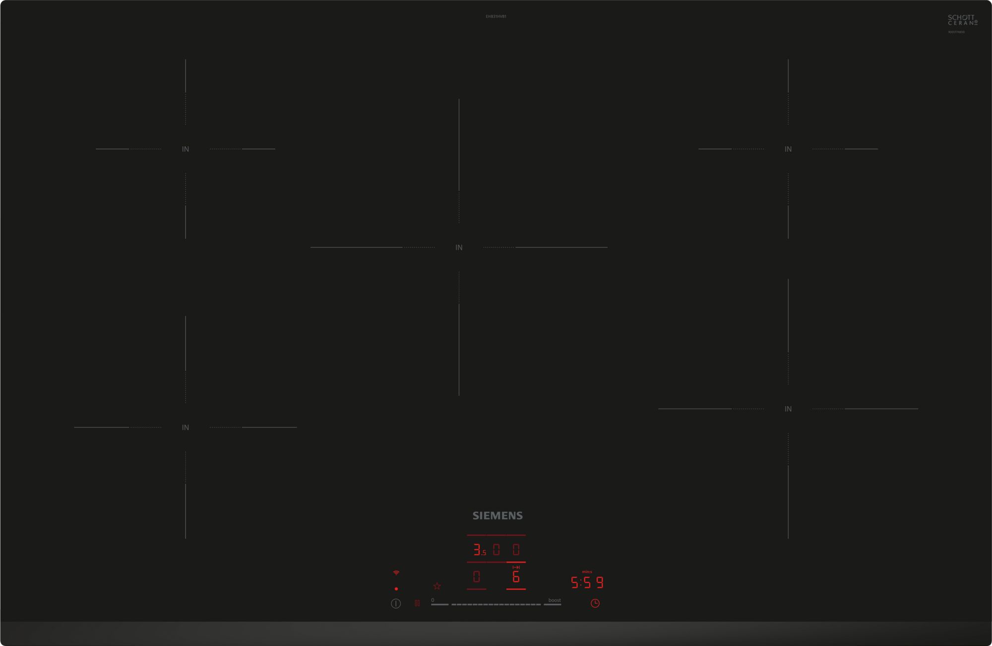 Black glass-ceramic induction cooktop with subtle zone outlines and a red LED timer display, Siemens branding visible.