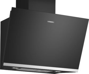 Black Siemens wall-mounted range hood with angled panels and built-in LED lights along the bottom edge