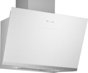 White Siemens kitchen range hood, angled view from below, with built-in lights and slim vent grille along the bottom edge