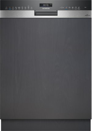 Siemens dishwasher front view with black control panel at the top and brushed stainless steel strip, handle in center, and dark textured door below